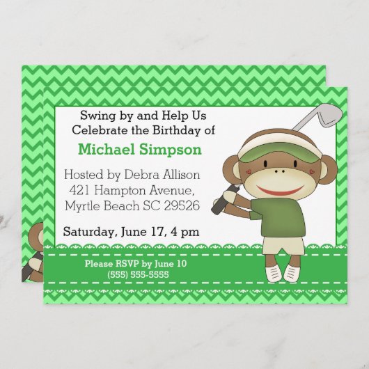Sock Monkey Golf Birthday-uitnodigingen Kaart (Voorkant / Achterkant)