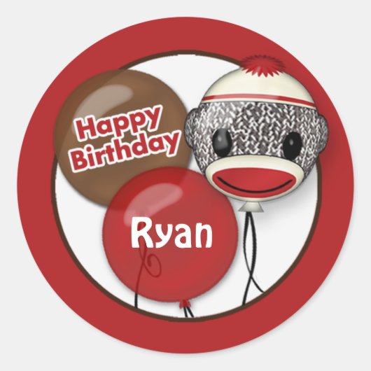 SOCK MONKEY "Happy Birthday" Ronde sticker SMR #2 (Voorkant)