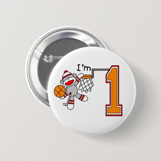 Sock Monkey Hoops 1st Birthday Button (Voorkant /achterkant)
