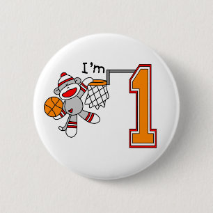 Sock Monkey Hoops 1st Birthday Button