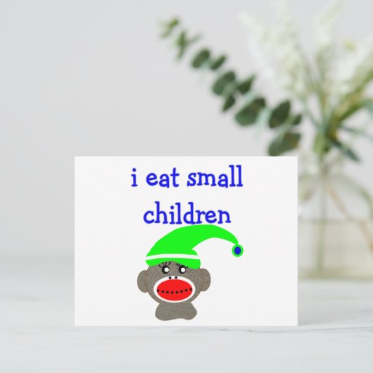 Sock Monkey "I EAT KLEINE KINDEREN" Briefkaart (Staand voorkant)