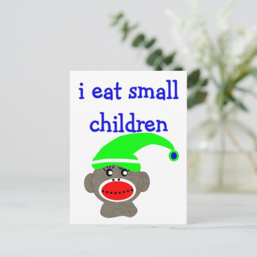 Sock Monkey "I EAT KLEINE KINDEREN" Briefkaart (Staand voorkant)