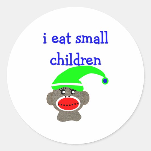 Sock Monkey "IK EET KLEINE KINDEREN" Ronde Sticker (Voorkant)