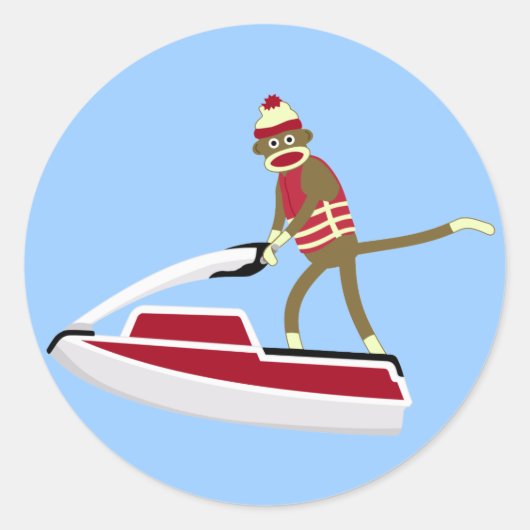 Sock Monkey Jetski Ronde Sticker (Voorkant)