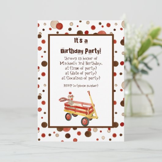 Sock Monkey, Jongen Verjaardag Uitnodiging (Staand voorkant)