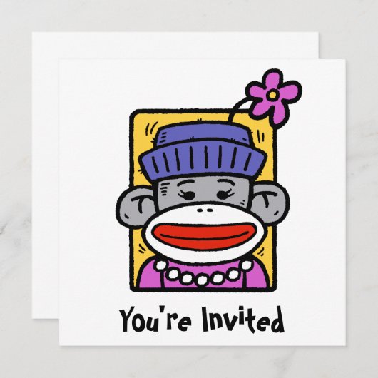 Sock Monkey Kaart / Uitnodiging (Voorkant / Achterkant)