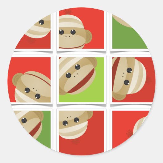 Sock Monkey Kerstblokken Ronde Stickers (Voorkant)