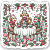 Sock Monkey Kerstmis Tea Party Sticker (Voorkant)