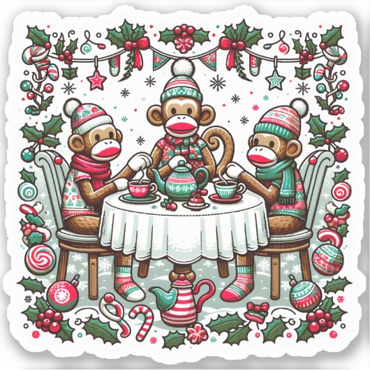 Sock Monkey Kerstmis Tea Party Sticker (Voorkant)
