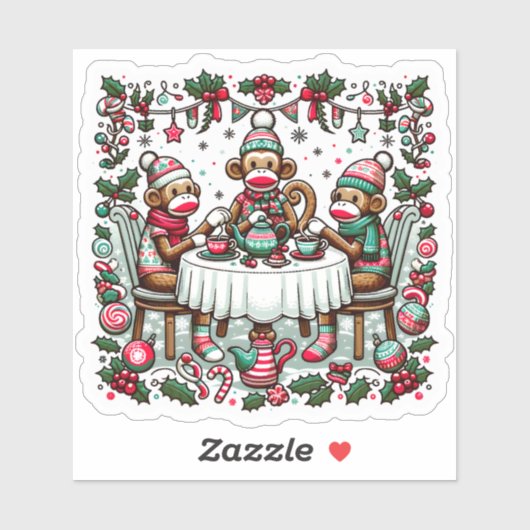 Sock Monkey Kerstmis Tea Party Sticker (Vel)