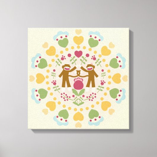 Sock Monkey Lovers in een Folk Garden Canvas Afdruk (Voorkant)