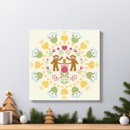 Sock Monkey Lovers in een Folk Garden Canvas Afdruk