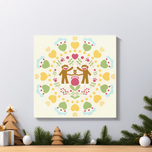 Sock Monkey Lovers in een Folk Garden Canvas Afdruk