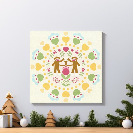 Sock Monkey Lovers in een Folk Garden Canvas Afdruk
