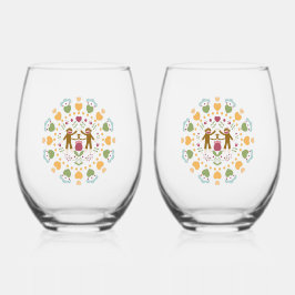 Sock Monkey Lovers in een Folk Garden Wijnglas Zonder Voet