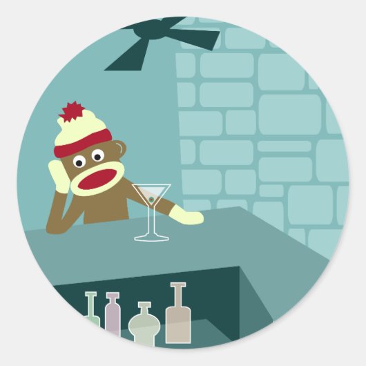 Sock Monkey Martini Bar Ronde Sticker (Voorkant)
