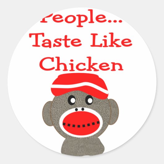 Sock Monkey "MENSEN SMAKEN ALS KIP" Ronde Sticker (Voorkant)