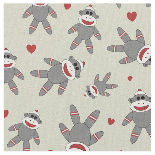 Sock Monkey met harten op tan Stof (Close Up)