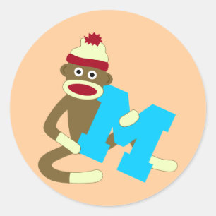 Sock Monkey Monogram Boy M Ronde Sticker