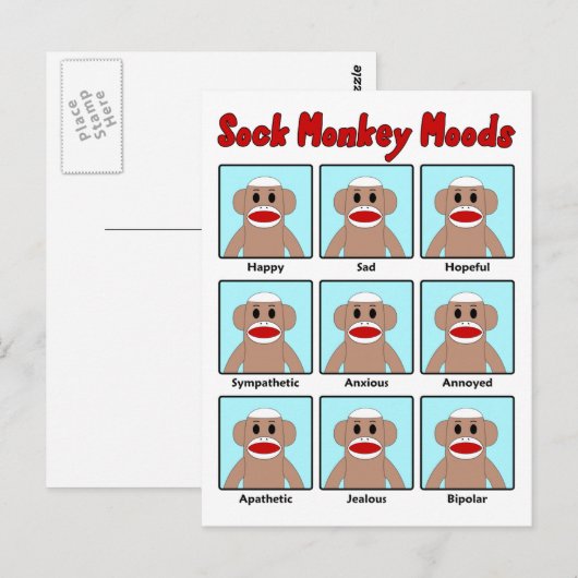 Sock Monkey Moods Briefkaart (Voorkant / Achterkant)