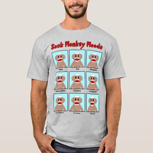 Sock Monkey Moods, gekleurd T-shirt (Voorkant)