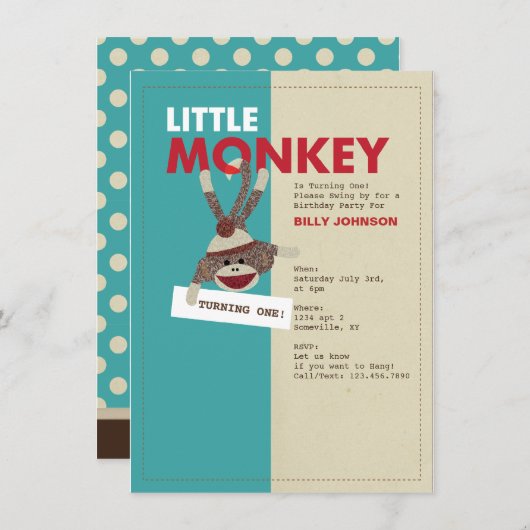 Sock Monkey nodiging-Draai één! Kaart (Voorkant / Achterkant)