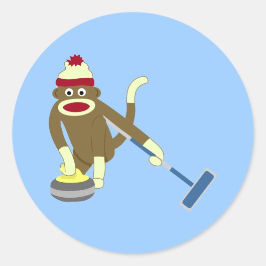 Sock Monkey Olympisch Curling Ronde Sticker (Voorkant)