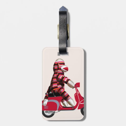 Sock Monkey op Red Moped Bagagelabel (Achterkant verticaal)