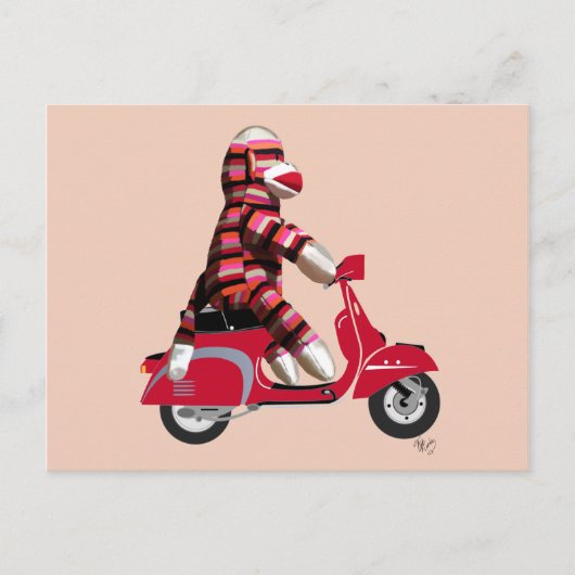 Sock Monkey op Red Moped Briefkaart (Voorkant)
