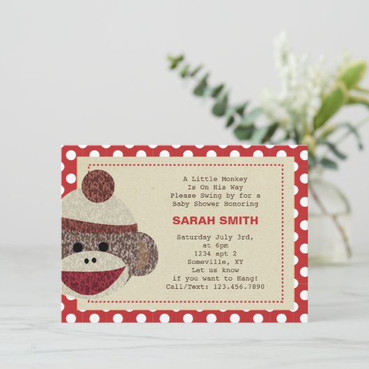 Sock Monkey party Invite-polka punts border Kaart (Staand voorkant)