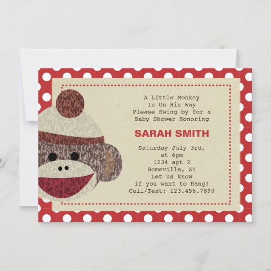 Sock Monkey party Invite-polka punts border Kaart (Voorkant)