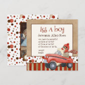 Sock Monkey Pedal Car, Boy Baby Birth kondiging Kaart (Voorkant / Achterkant)