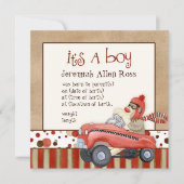 Sock Monkey Pedal Car, Boy Baby Birth kondiging Kaart (Voorkant)