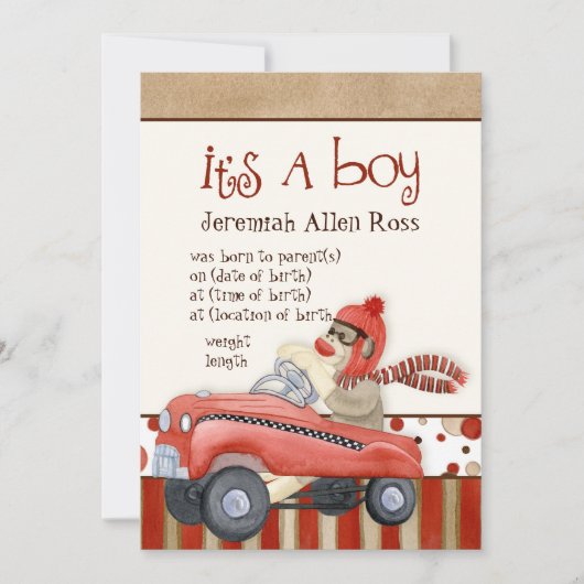 Sock Monkey Pedal Car, Boy Baby Birth kondiging Kaart (Voorkant)