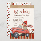 Sock Monkey Pedal Car, Boy Baby Birth kondiging Kaart (Voorkant / Achterkant)
