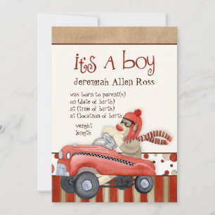 Sock Monkey Pedal Car, Boy Baby Birth kondiging Kaart