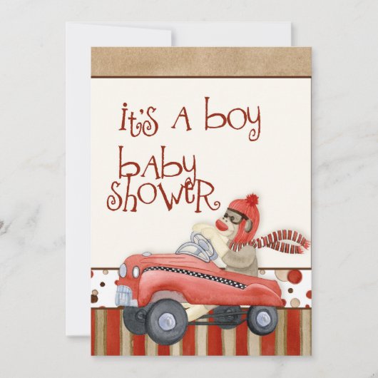 Sock Monkey Pedal Car, Boy Baby shower Invitation Kaart (Voorkant)