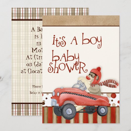 Sock Monkey Pedal Car, Boy Baby shower Invitation Kaart (Voorkant / Achterkant)