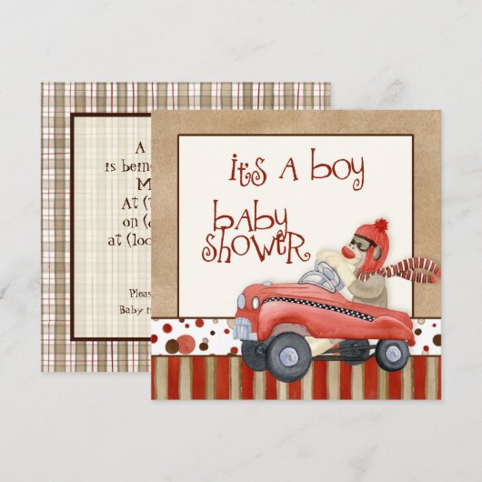 Sock Monkey Pedal Car, Boy Baby shower Invitation Kaart (Voorkant / Achterkant)