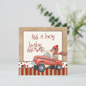 Sock Monkey Pedal Car, Boy Baby shower Invitation Kaart (Staand voorkant)