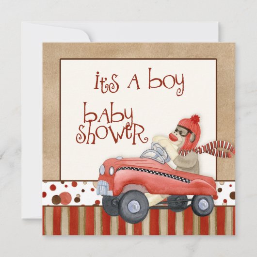 Sock Monkey Pedal Car, Boy Baby shower Invitation Kaart (Voorkant)