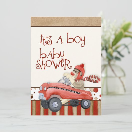 Sock Monkey Pedal Car, Boy Baby shower Invitation Kaart (Staand voorkant)