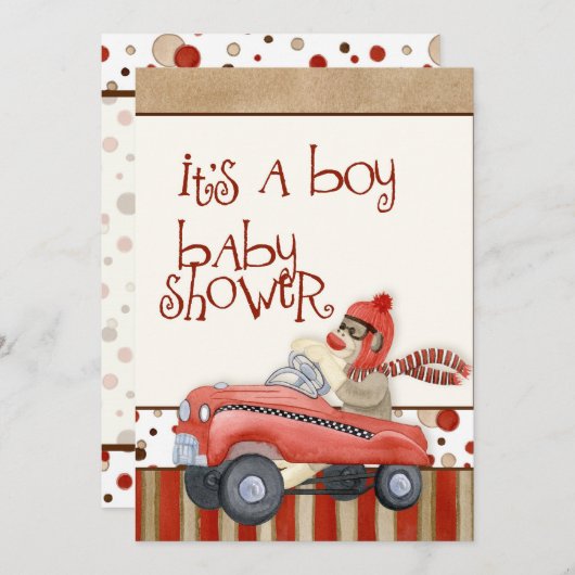 Sock Monkey Pedal Car, Boy Baby shower Invitation Kaart (Voorkant / Achterkant)