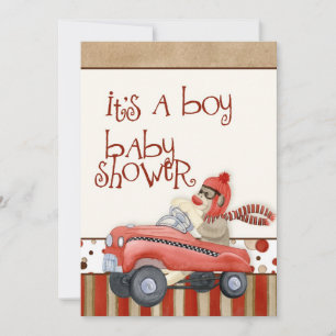 Sock Monkey Pedal Car, Boy Baby shower Invitation Kaart