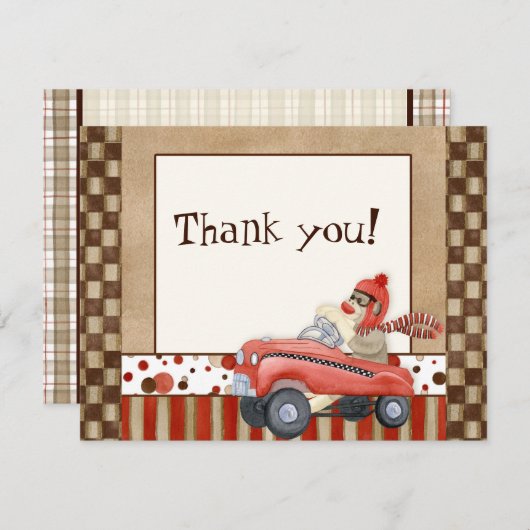 Sock Monkey Pedal Car, dank u Kaarten (Voorkant / Achterkant)