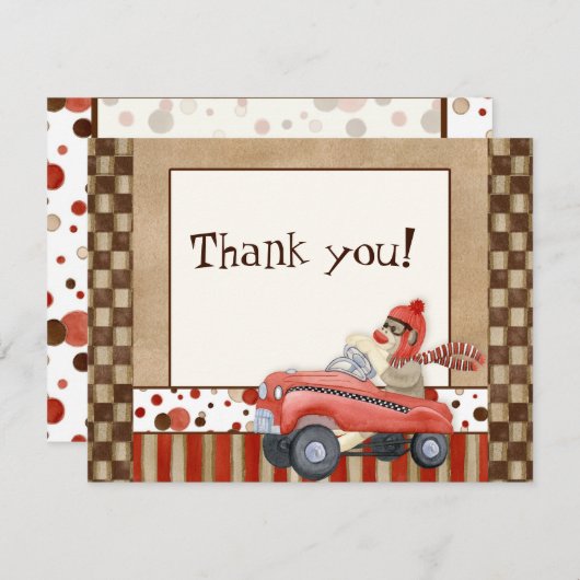 Sock Monkey Pedal Car, dank u Kaarten (Voorkant / Achterkant)