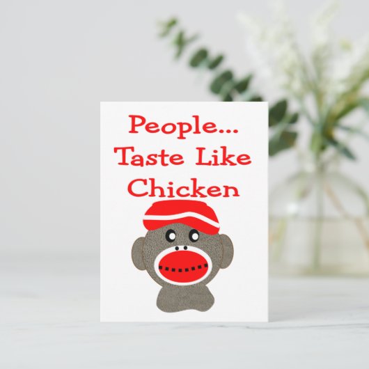 Sock Monkey "PEOPLE TASTE ZOALS CHICKEN" Briefkaart (Staand voorkant)