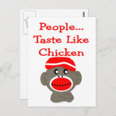 Sock Monkey "PEOPLE TASTE ZOALS CHICKEN" Briefkaart (Voorkant / Achterkant)