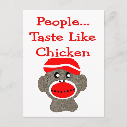 Sock Monkey "PEOPLE TASTE ZOALS CHICKEN" Briefkaart (Voorkant)
