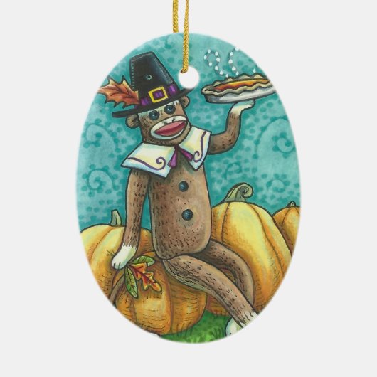 SOCK MONKEY PILGRIM, HOLIDAY THANKSGIVING ORNAMENT (Achterkant)